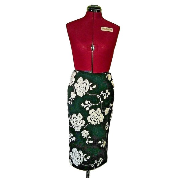 ECI New York Womens Straight Skirt Size 4 Black Ivory Floral Print Embro… - Picture 1 of 7